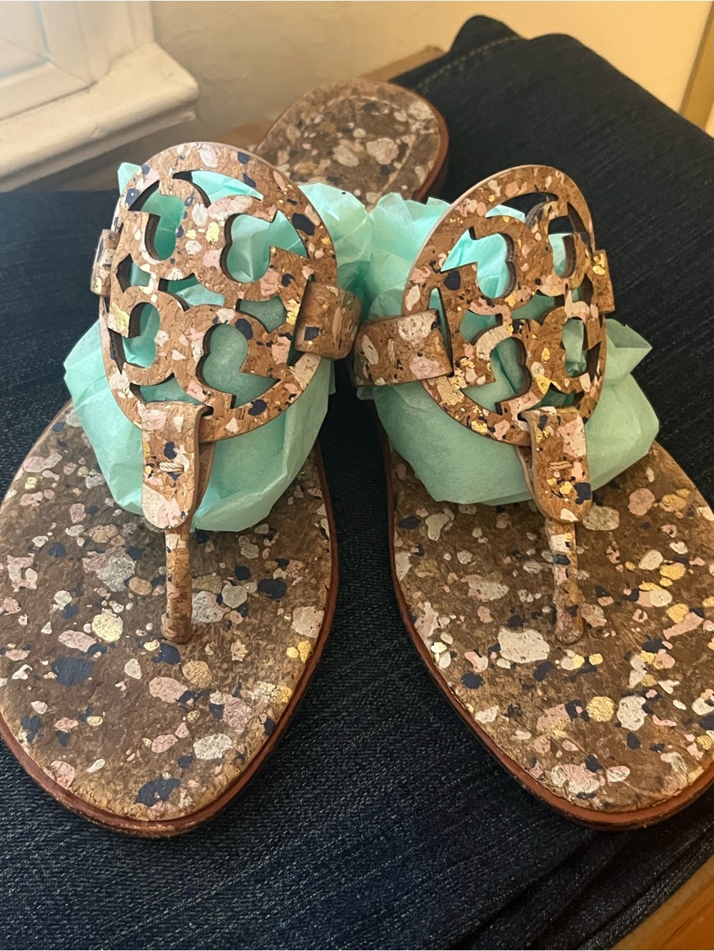 Tory Burch Cork-Pattern Thong Sandals with Mint Accents
